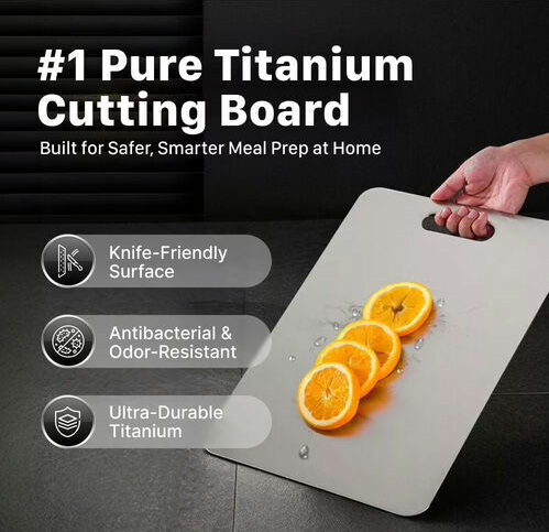 Katuchef titanium cutting board with orange slices, demonstrating its suitability for knives and ant