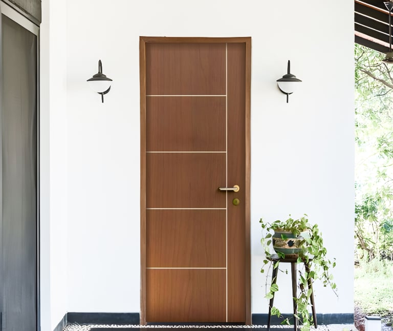 Pintu solid wood panel lapisan HPL sebagai pintu utama rumah tinggal