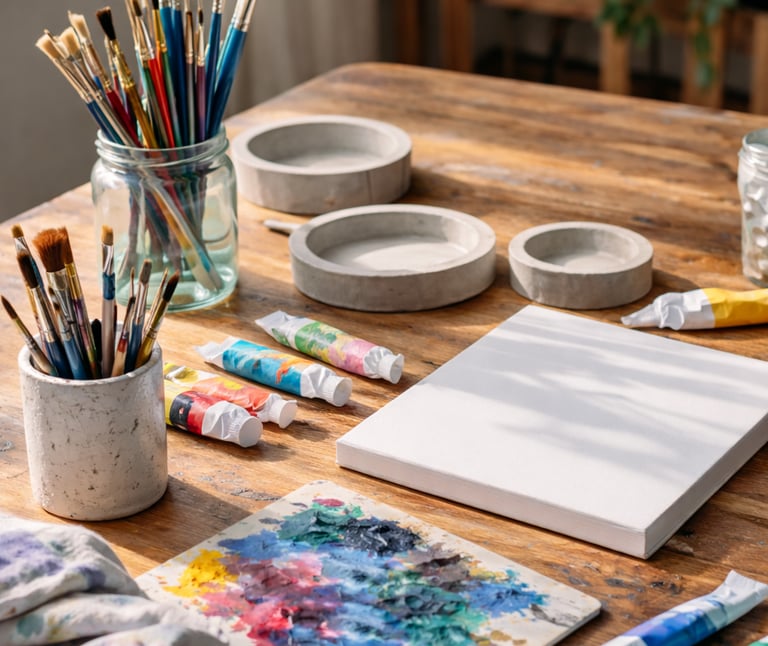  Mesa de estudio de artista con tubos de pintura al óleo, pinceles, una paleta de colores y un lienz