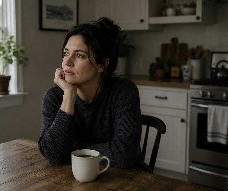 A pensive woman sitting in a kitchen with a cup of coffee looking out the window.
