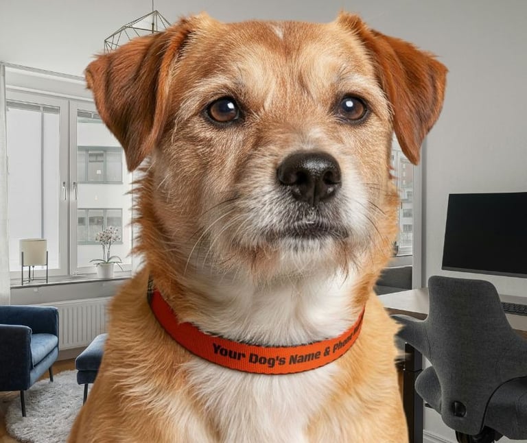 Personalized orange dog collar with custom name and phone number on a scruffy brown and white dog.