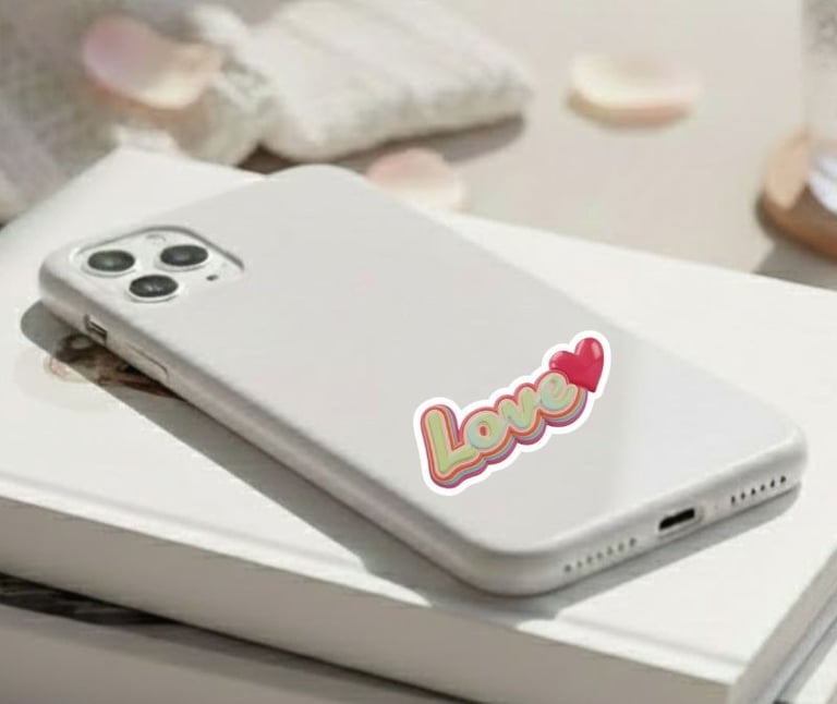 Close-up of a white smartphone with a "Love" heart sticker in a retro, vintage style.