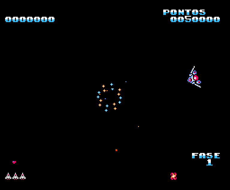 Retro 8-bit space shooter arcade game featuring pixel art spaceships and laser combat.