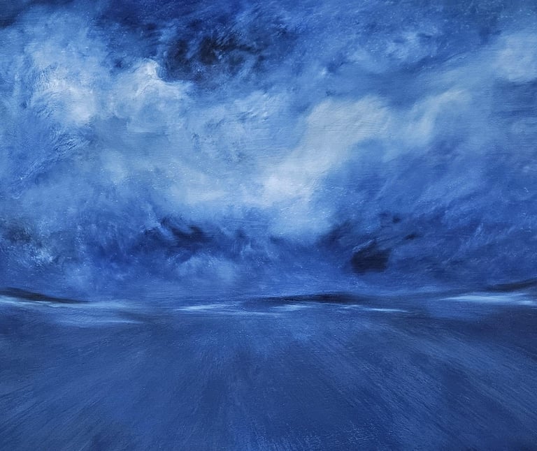 Abstract oil painting of a stormy blue sky over dark, rolling ocean waves.