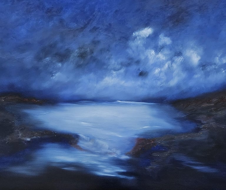 Abstract oil painting of a moody blue seascape under a dark, cloudy night sky.