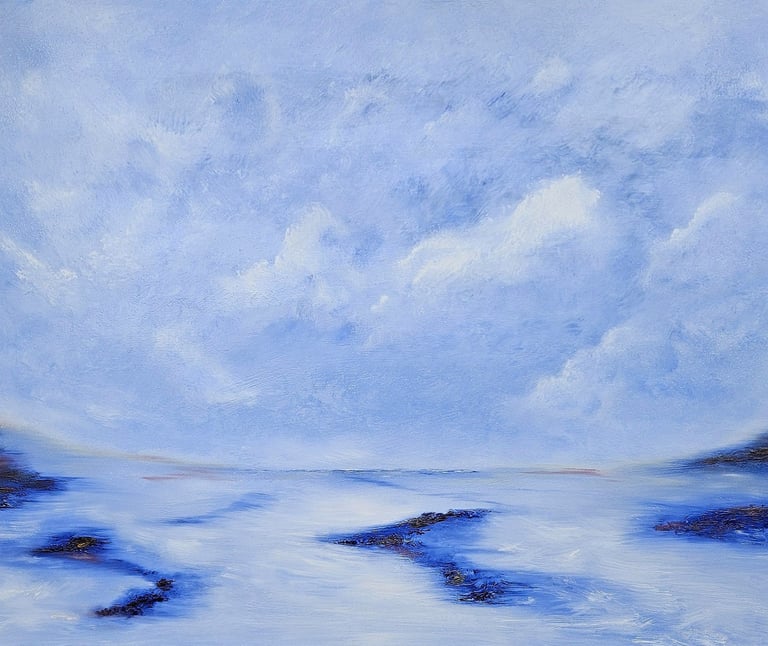 Abstract oil painting of a blue seascape with soft clouds and textured islands.