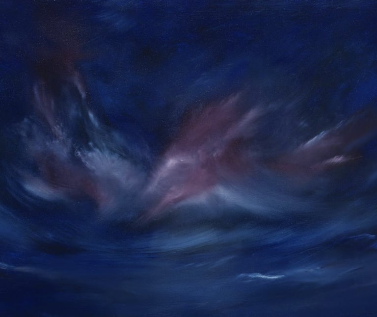 An abstract oil painting of a dark blue night sky with swirling purple nebula clouds and stars.