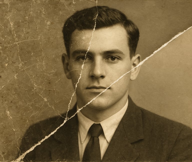 a man in a suit and tie with a broken glass