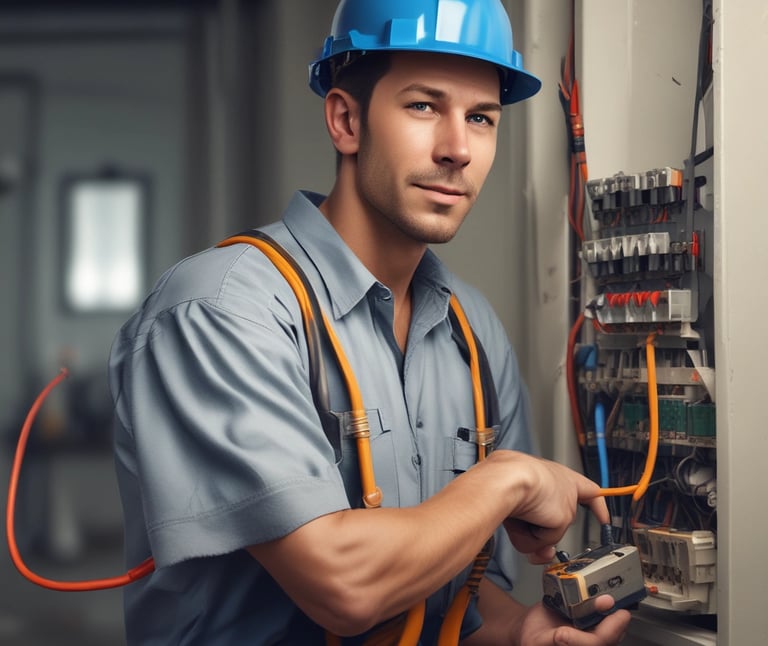 Electrician installing wiring in a commercial building.