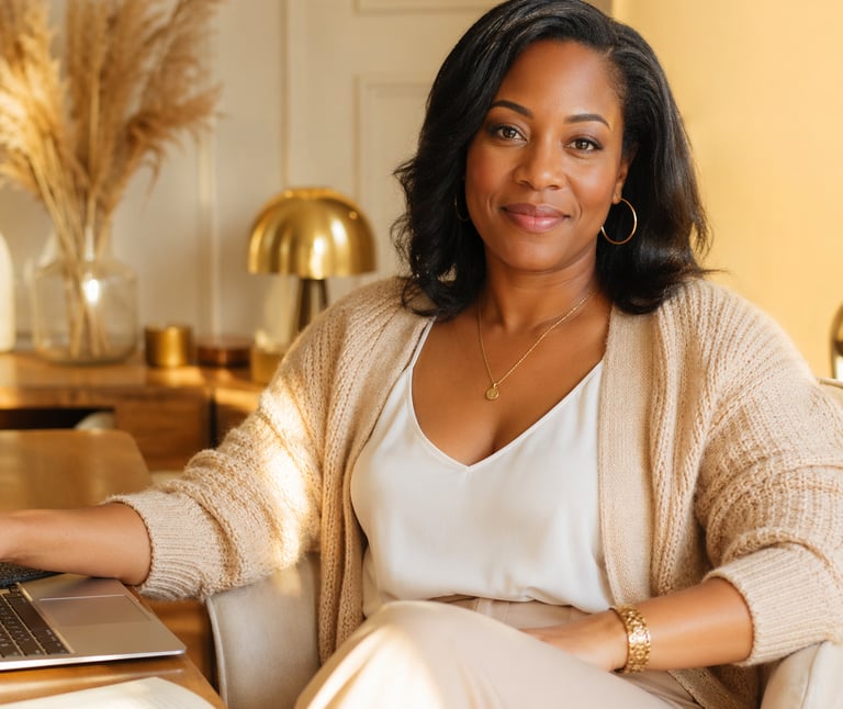 Professional Black woman working on a laptop in a modern, sunlit home office.