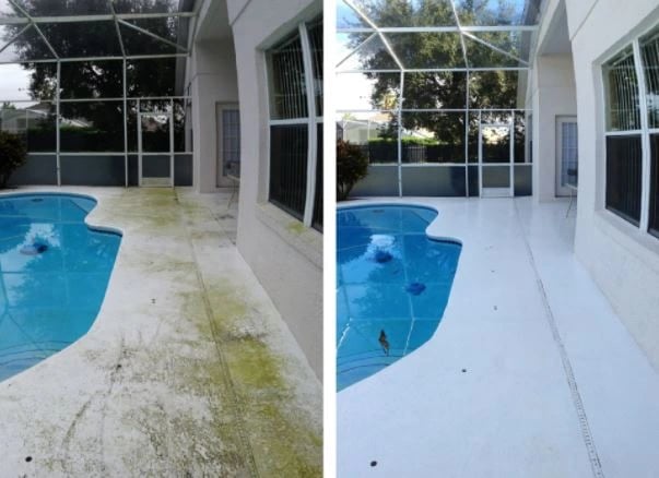  Pool deck soft washing before and after in Land O' Lakes FL