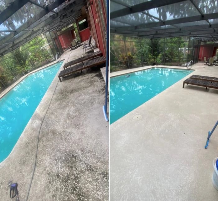 Pool deck before and after pressure washing in Land O' Lakes FL