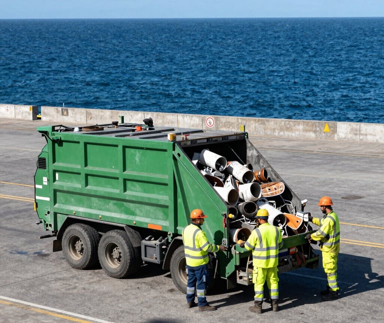 Wide-angle industrial shot of a professional waste management crew in high-visibility safety gear operating clean recycling machinery at the Valparaíso port, crisp daylight.