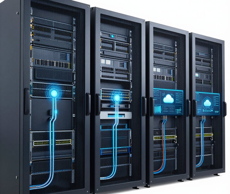 A minimalist drawing of servers transitioning from old to new hardware.