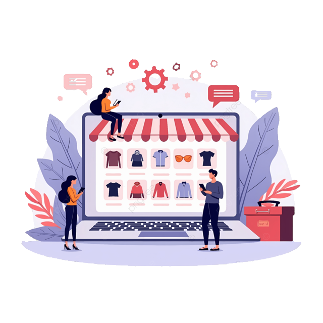 a man and woman standing in front of a laptop computer screen with a shopping cart