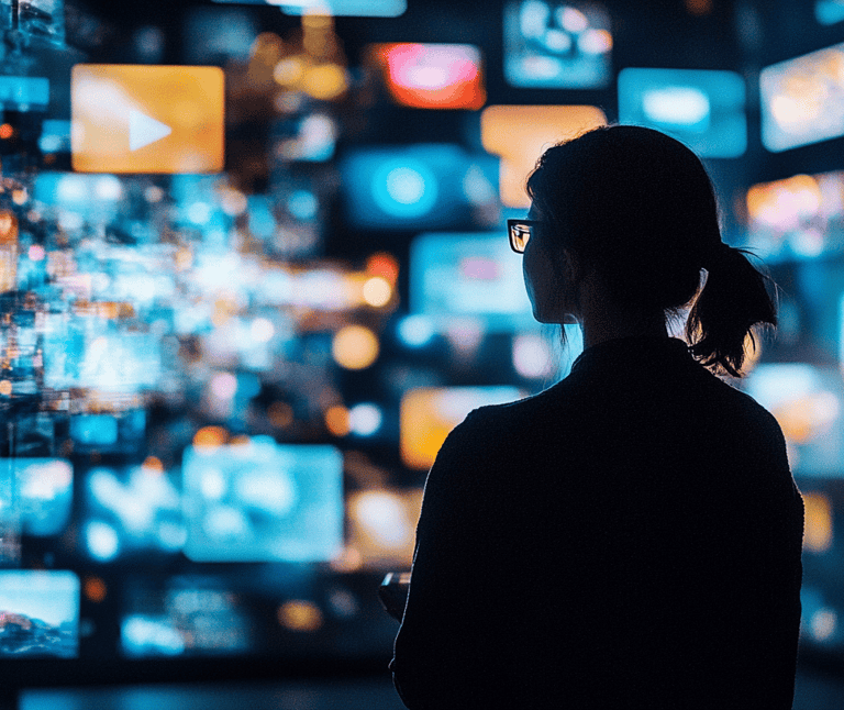 a woman in glasses looking at a television screen
