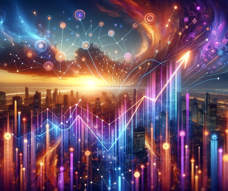 image symbolisant l'expansion de la clientèle dans le monde digital, avec des éléments abstraits qui évoquent des tendances