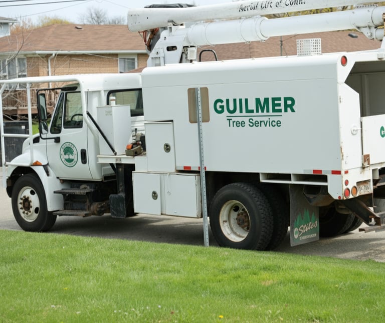 Guilmer Tree Service utility truck with aerial lift parked on a residential street in Arlington, VA,