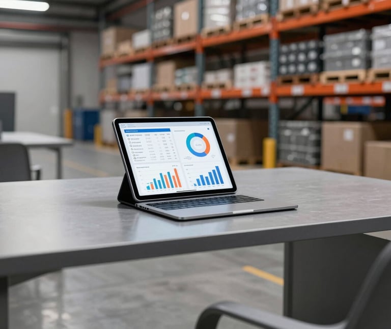 A modern industrial office desk with a tablet displaying business analytics and charts, warehouse background, clean lighting