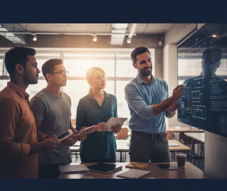 Líder técnico dirigiendo sesión estratégica con equipo de ingenieros en oficina moderna.