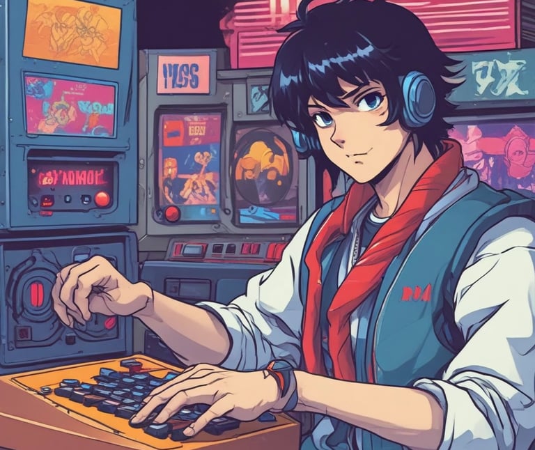 a man in a vest and headphones playing a video game