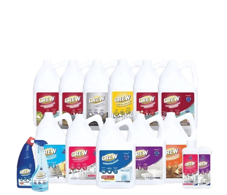 a variety of cleaning products including a bottle of cleaner