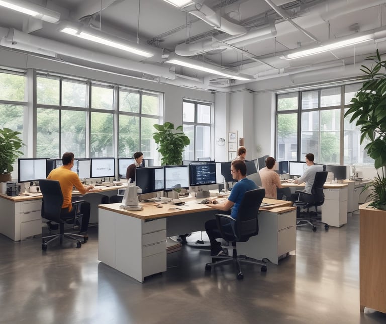 A sleek black and white office space with creative professionals collaborating on website designs.