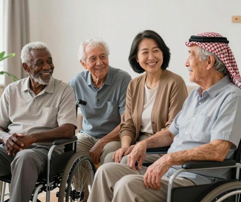 A peaceful exterior view of a muted blue-gray home surrounded by greenery on a calm day.