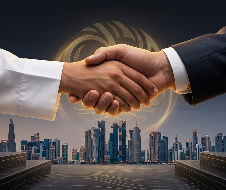 Business handshake between partners over a modern city skyline, symbolizing international trade and investment.