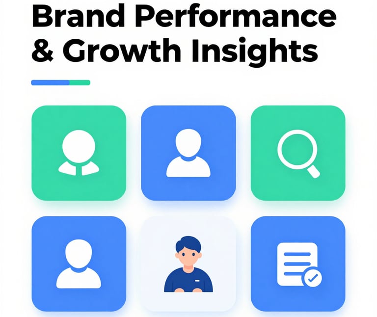 Brand performance and growth insights dashboard featuring user profile icons and data analytics symbols.