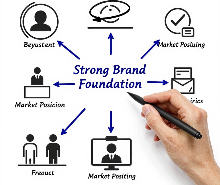 Hand drawing a flow chart for a strong brand foundation strategy with marketing icons.