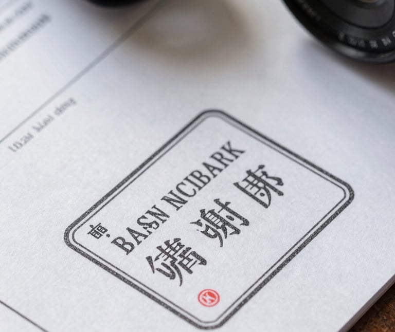 Macro photograph of physical trade finance documents, official stamps, and high-quality textured paper under professional desk lighting.