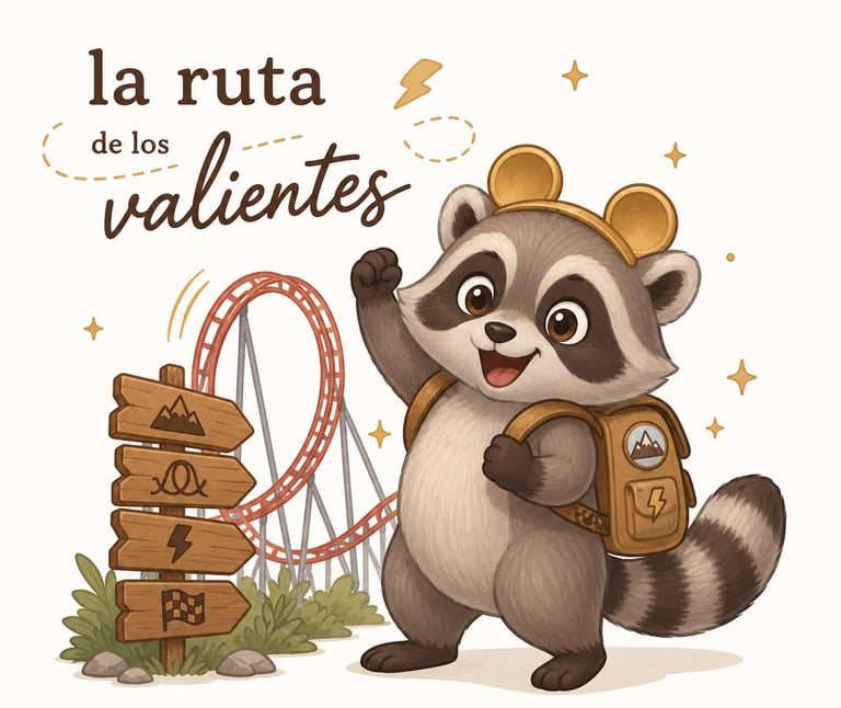 Cute raccoon illustration with a backpack standing by a roller coaster and wooden park signs.