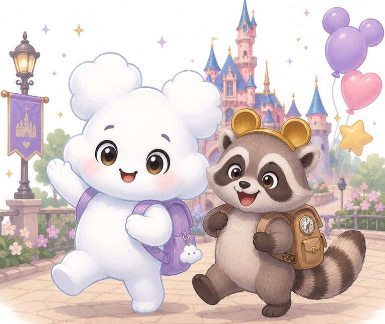 Cute cartoon cloud and raccoon with backpacks walking toward a magical fairytale castle.