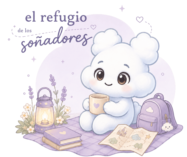 Cute cloud character enjoying a cozy picnic with hot cocoa, books, and a map under a purple sky.