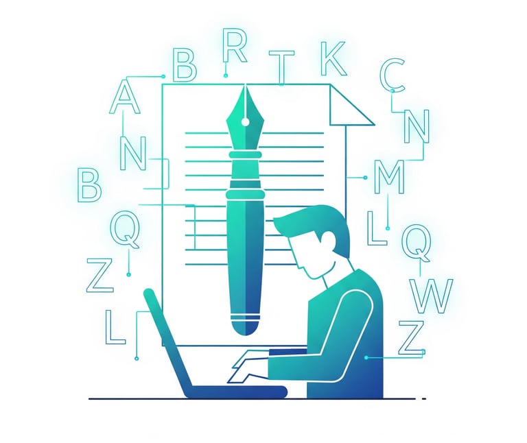 Ilustrasi minimalis tentang penulisan salinan, menampilkan seseorang yang sedang mengetik di laptop dengan pena dan kertas di