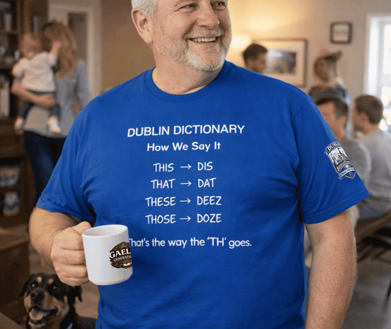 A smiling man wearing a blue Dublin Dictionary t-shirt with Irish slang pronunciation, holding a coffee mug.