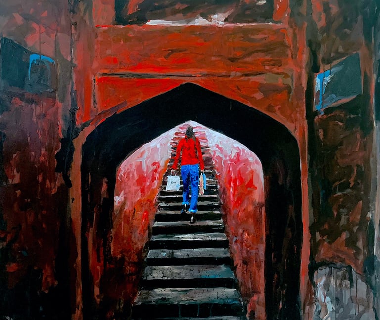 painting of an Indian girl carrying Dior bag walkig up the stairs