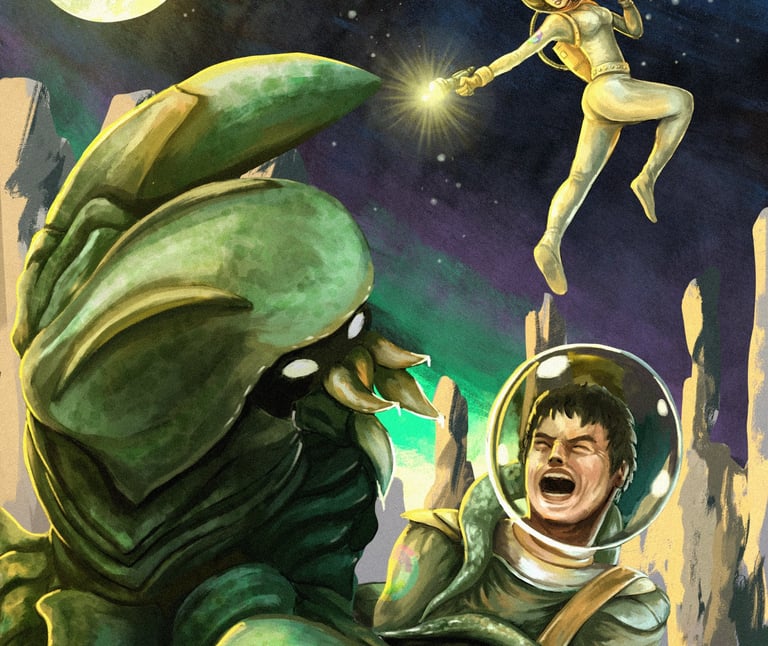 Two earth space agents battling a Oklych alien. Gamut RPG.