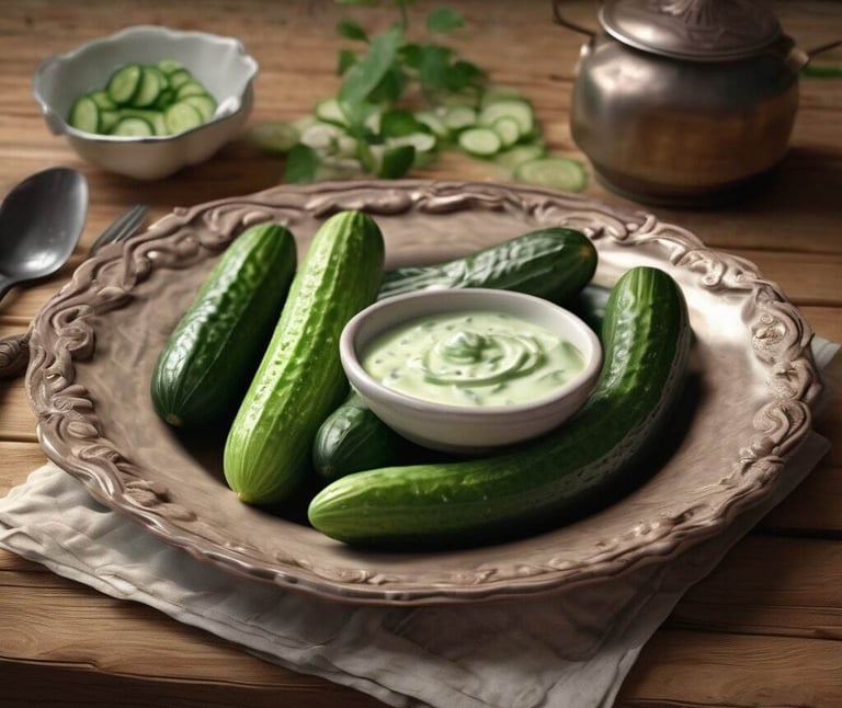 Une assiette de concombres avec un bol de crème