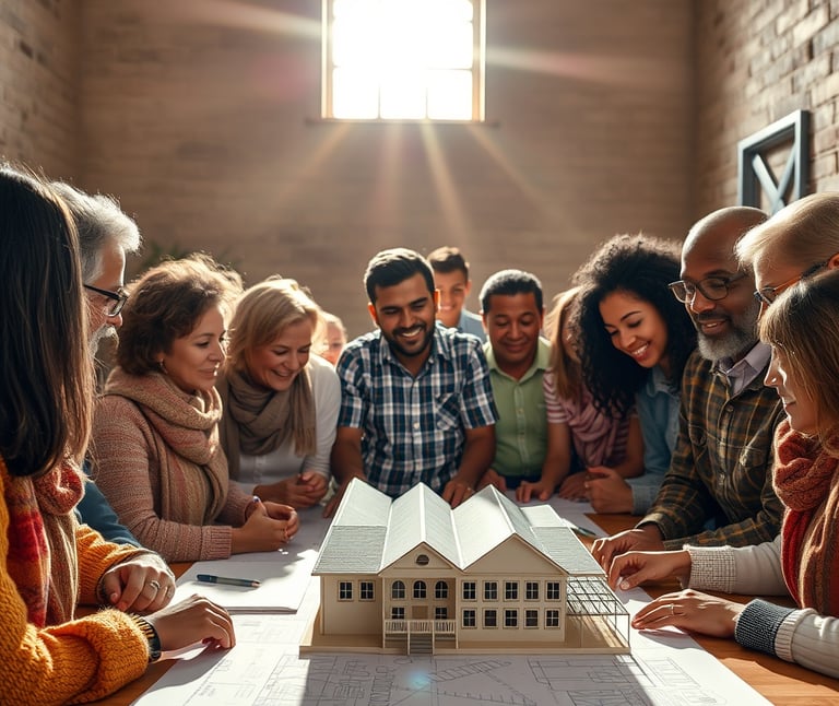 un groupe de personnes assises autour d'une table avec une maquette de maison