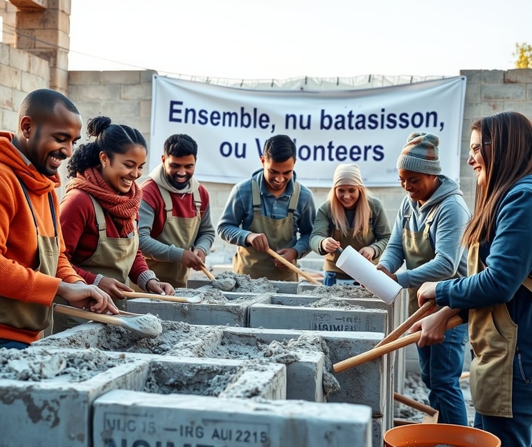 un groupe de personnes debout autour d'une table avec un seau rempli de blocs de ciment