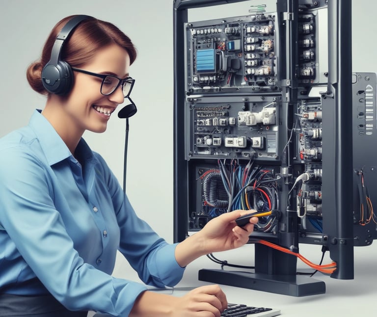 A telecommunications tower stands prominently on a tree-covered hill under a sky filled with dramatic clouds. Below, modern residential houses are scattered across a lush, green landscape.