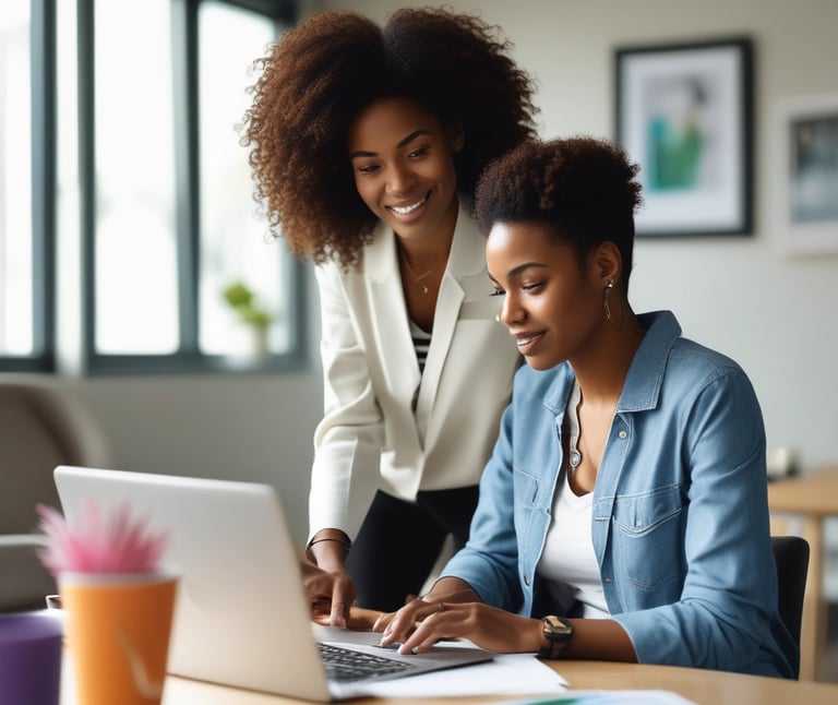 A creative professional reviewing luxury AI portraits on a large screen in a cozy studio.