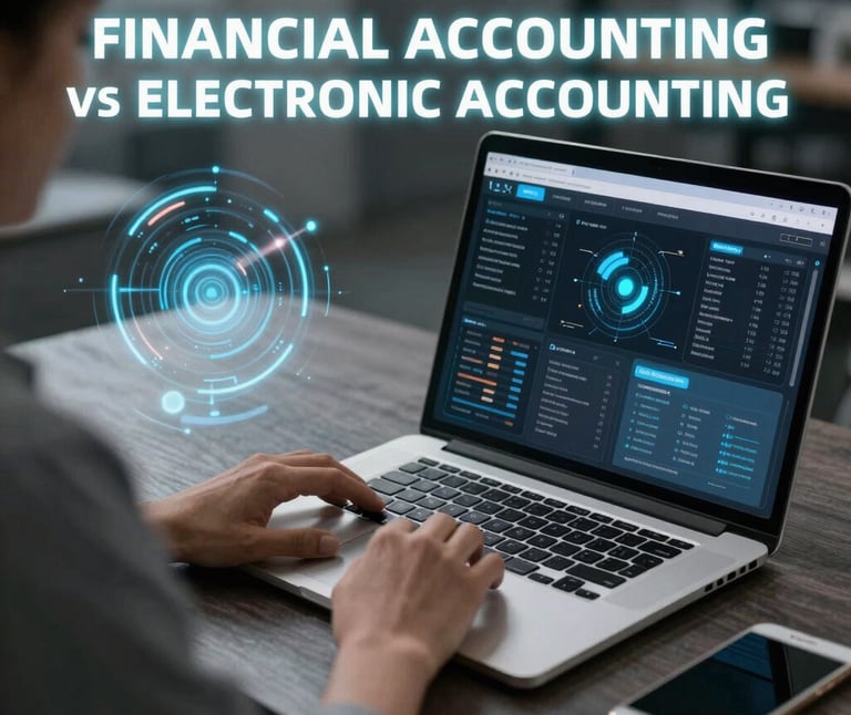 Close-up of hands working on accounting documents with a calculator and laptop.