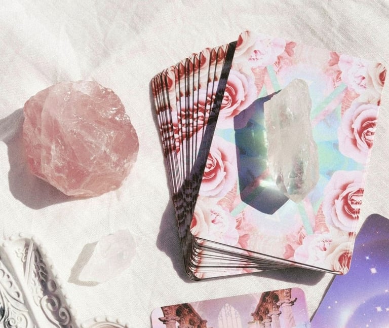 Tarot accessories featuring stack of tarot cards and crystals on a table.