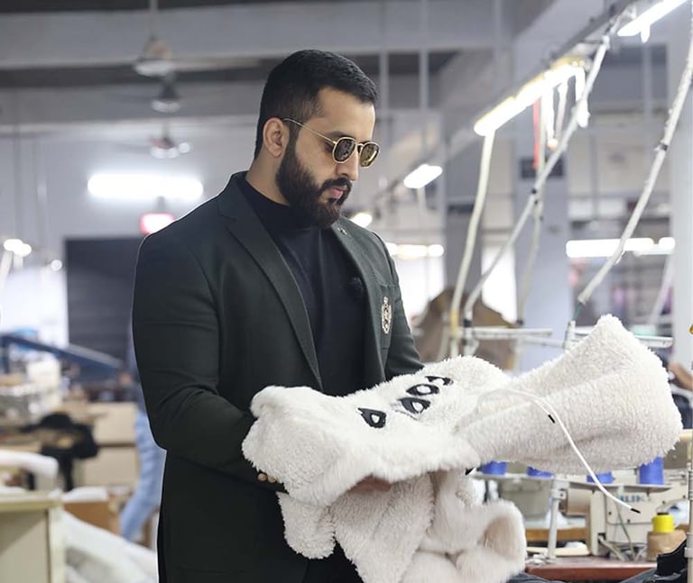 a man in a suit jacket is holding a sherpa fleece hoodie in a manufacturing factory