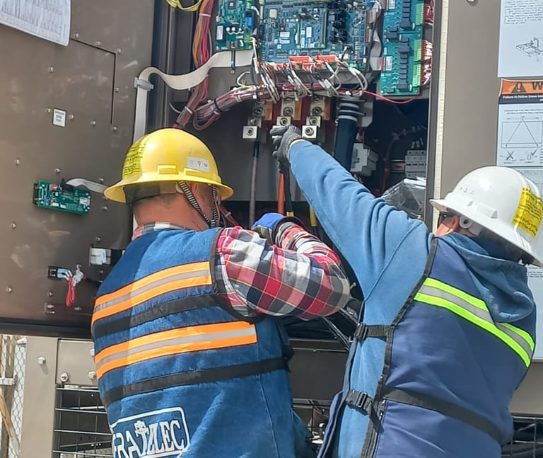 Dos técnicos con casco y chaleco trabajan en panel eléctrico abierto con circuitos.