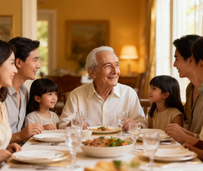 Família reunida à mesa compartilhando uma refeição