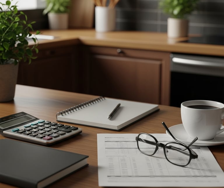 Home budgeting scene with a calculator, notebook, coffee cup, and smartphone on a kitchen counter